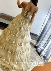 Catherine | Gold Sequin Prom Dress Long A - Line Off The Shoulder With Appliques - Gold - PromDressClub